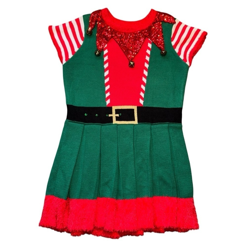 Girls Holiday Time Ugly Christmas Sweater Dress L 12-14 Red Green Elf Style